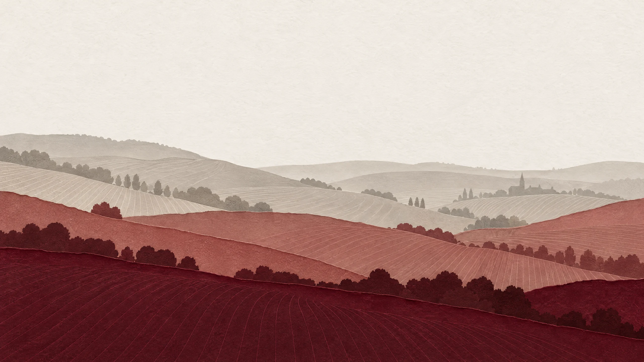 Layered burgundy and pale vineyard-covered hills with small trees and a distant village silhouette under a light sky.