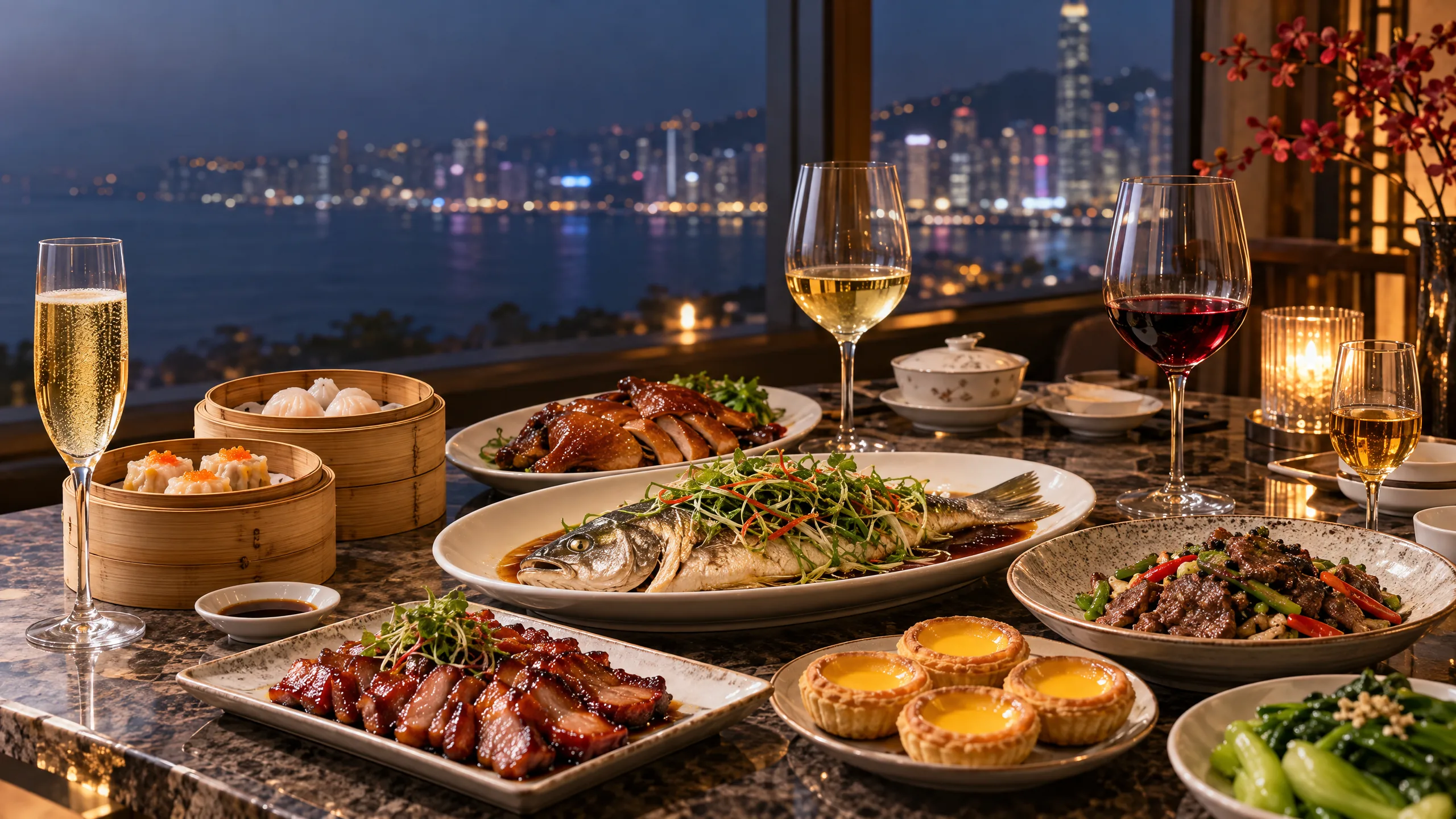 A candlelit Chinese shared dinner table with dim sum, steamed fish, roast dishes, egg tarts and several unlabelled wine glasses.